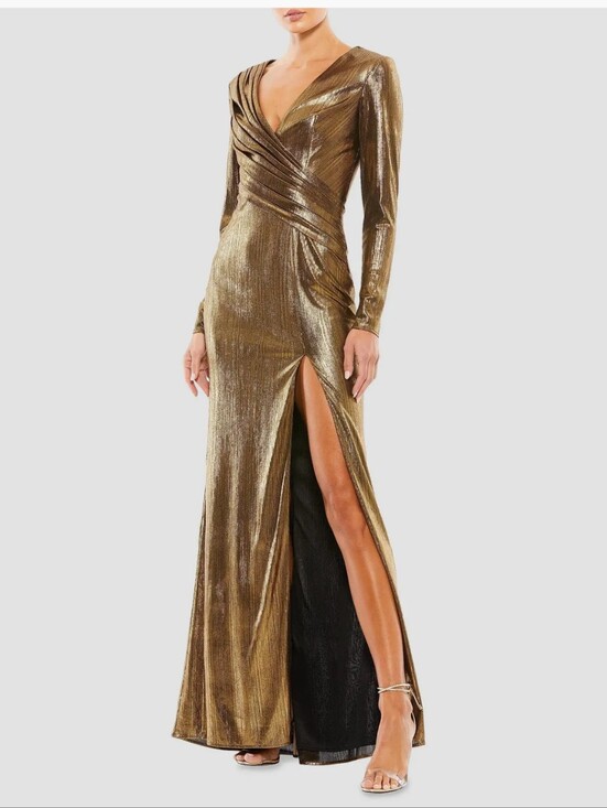 Mac Duggal Dresses & Skirts - Mac Duggal 22684 Gold Metallic Long-Sleeve Asymmetrical Ruched Gown MSRP $398